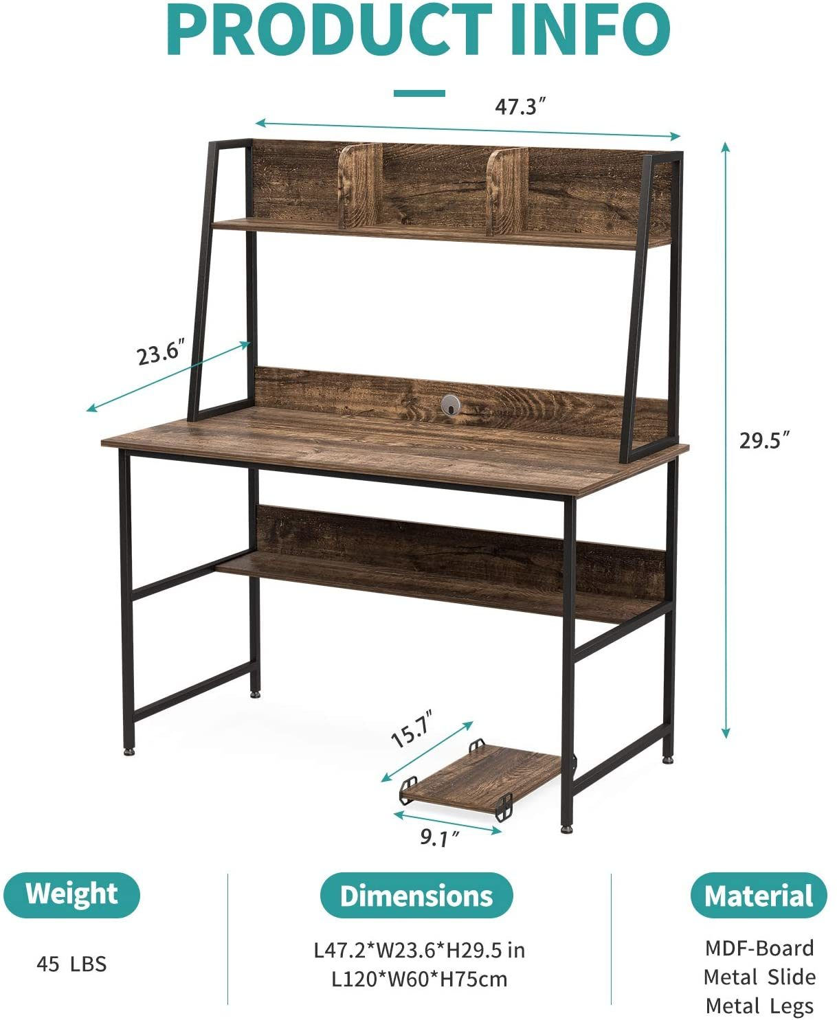 47 Inch Computer Desk w/ Shelves Sturdy - Hutch