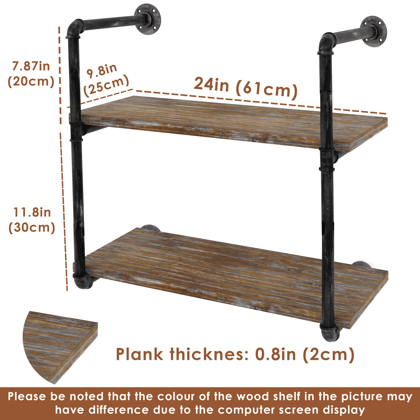 (2 Tier - 24in) Industrial Pipe Shelving, Industrial Floating Shelves